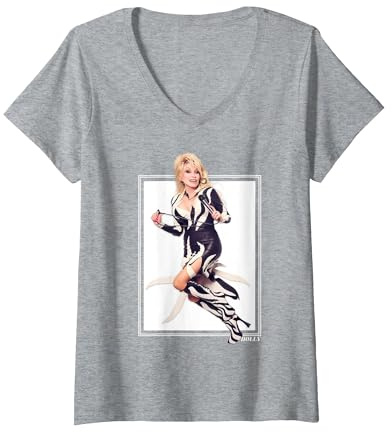 Femme La Rockstar emblématique de Dolly Parton T-Shirt avec Col en V, Gris Chiné, S