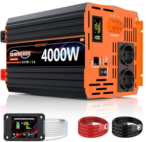 Inversor 12V 220V Onda Pura 4000w Convertidor DC AC Transformador de Voltaje con Mando a Distancia & 2 Tomas de AC & Puerto USB para Coche Camion RV,energía Solar