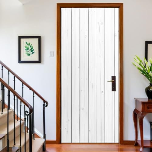 Door Stickers for Interior Doors 77 x 200 cm, 2 Sheets Wood Stripe Wooden Door Door Mural White Self Adhesive PVC Removable Door Wallpaper for Bedroom & Living Room