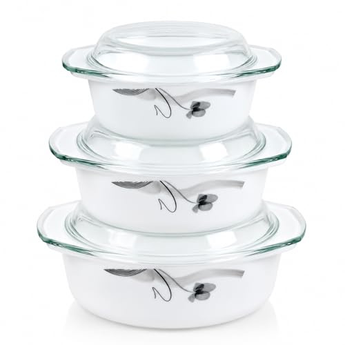 Homsmyth 3 Piece Casserole Dish with Glass Lids – 1L, 1.5L & 2.5L Ceramic Casserole Dishes, Oven Safe Baking Dishes with Lids, Microwave Safe, Serving & Food Storage Casseroles (Black & White)