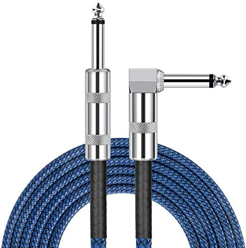 JOLGOO 1/4 Inch Cable Guitar Cable 3 M Straight to Right Angle 1/4 Inch 6.35mm Plug Bass Keyboard Instrument Cable Blue and Black Tweed Cloth Jacket, Electric Mandolin, pro Audio