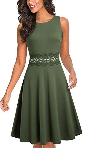HOMEYEE Dam, vintage, rund hals, ärmlös, blommigt broderad, knälång cocktailklänning UKA079, OLIV, S