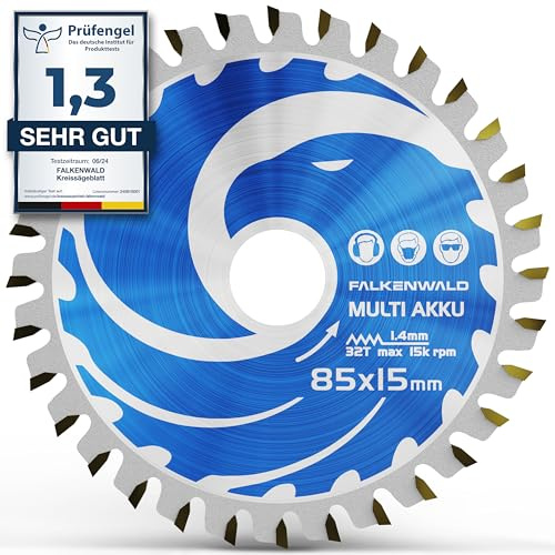 FALKENWALD ® Akku Sägeblatt 85x15 mm - Ideal für Holz, Metall & Alu - Kompatibel mit Bosch GKS 12v-26 & Makita Mini Handkreissäge - Universal Saegeblatt 85 x 15 aus hochwertigem Hartmetall