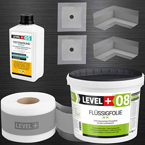 SET55 Dichtset Duschabdichtung Bad 5,5 Kg Flüssigfolie, 1L Tiefengrund, 2 Innenecken, 2 Wandmanschetten, 5m Dichtband