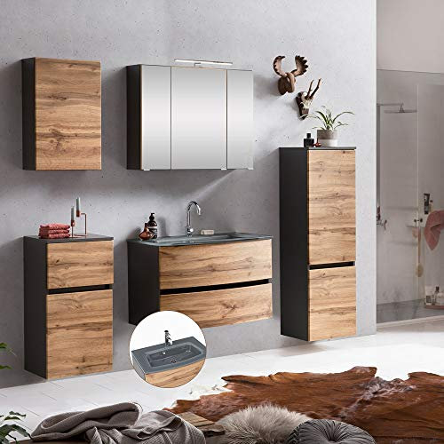 Lomadox Badezimmer Badmöbel Set in Graphitgrau mit Wotaneiche Nb. inkl. Glasbecken grau, LED-Aufbauleuchte, BxHxT: ca. 200x200x49 cm