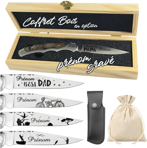 Gravure Events - Couteau de Marque Laguiole Bougna personnalisé avec prénom gravé - Cadeau pour homme : fête des pères, papa, tonton, grands pères (papi, papy) anniversaire, noël - burl (Lame 10.5cm)