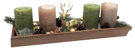 ZauberDeko Adventsgesteck Weihnachten Deko Tablett Holz Hirsch Gold Kerze Grün Beige 40cm