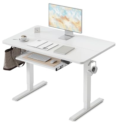 FEZIBO Height Adjustable Electric Standing Desk with Keyboard Tray, 100 x 60 cm Sit Stand up Desk with Splice Board, White Frame/White Top