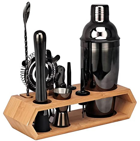 Juego De Coctelera Boston, Juego De Barman De Oro Rosa De 10 Piezas Con Soporte De Bambú Rómbico Para Bebidas Mixtas Martini Home Bar Tools,Negro,A