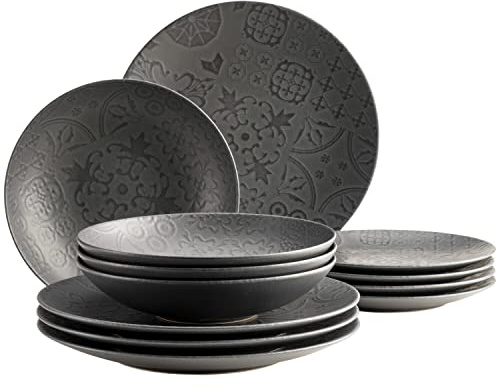 MÄSER 935076 Serie Tiles Vintage Tafelservice für 4 Personen im maurischen Stil mit moderner Mattglasur, 12-teiliges Keramikgeschirr Teller Set, Steinzeug, Schwarz