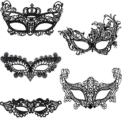 Fowecelt Venezianische Maske Damen Maskenball: 5 Stück Maskenball Maske Damen, Augenmaske Sexy Maske Spitze Schwarz Masquerade Mask Women für Karneval Party Kostüm Ball
