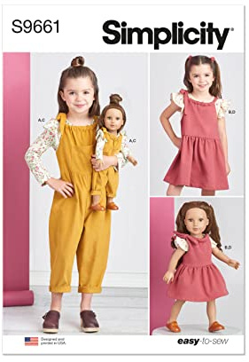Simplicity SS9661A Children's Knit Tops, Overalls, and Jumper and Doll Clothes for 18 Doll A (3-4-5-6-7-8)