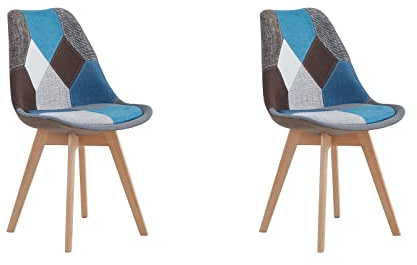 HJhomeheart Set aus 2 Esszimmerstühlen aus Patchwork-Stoff mit abnehmbarem Sitzkissen und Massivholzbeinen für Esszimmer, Wohnzimmer, Küche usw. (Blau Patchwork)
