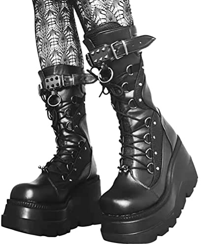 Minetom Damen Winter Gothic Punk Plateau Stiefel Goth Schnalle Zipper Wedges Mid Schuhe Plattform Biker Boots Chunky Motorrad Stiefel