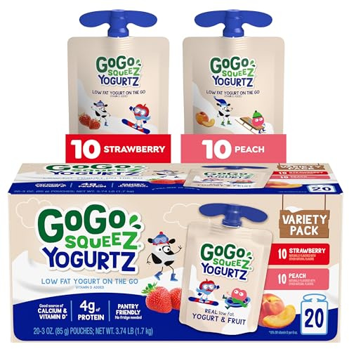 GoGo squeeZ Low Fat YogurtZ Variety Pack, 85 g Beutel, 20 Stück | Kinder-Snack, Erdbeer- und Pfirsichgeschmack, echter Joghurt und Obst; kein Kühlschrank erforderlich, gluten- und nussfrei