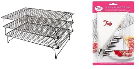 Tala 3 Tier Non-Stick Cooling Rack - Space Saving Collapsible Oven Racks - Cake Cooling Rack For Baking Freshly Baked Muffins, Cookies & Biscuits - 40 x 25cm, Black + Tala Icing Bag Set with 6 Nozzles