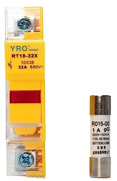 AC 1Sets 1P LED Sicherungshalter 690V mit 10x38MM flinkem Keramiksicherungskern 0,5A 1A 2A 3A 4A 5A 6A 8A 10A 16A 20A 25A 32A RO15 (Size : 32A, Color : YELLOW_1SETS FUSE AND BASE)