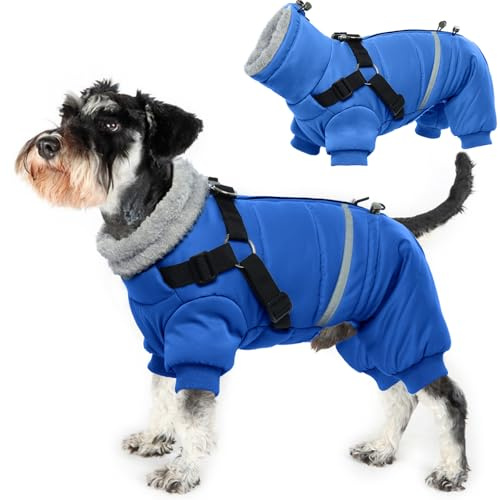 Wintermantel Hund, Hundepullover Mittelgroßee Hunde Hundeoverall Winter Hundejacke Wasserdicht Hundemantel Winter mit Geschirr(Blau, L)