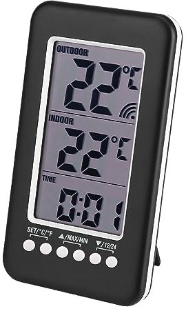 Digitales LCD-Innen-Außenthermometer mit Uhr, Kabellose Temperaturmessung, Innen- und Außentemperaturanzeige, Minimal-/Maximalwerte