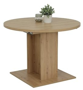 Hela Tische, Ronda Tavolo da pranzo rotondo, allungabile, con finiture in rovere Artisan, apertura sincrona, base a colonna e pedana, da 104-144 x 104 cm