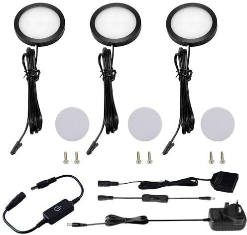 AIBOO Under Cabinet Kitchen Lights LED Black Cover Puck Lighting Kit with Touch Dimmer Switch,12V LED Under Cupboard Lights Under Counter Lights for Kitchen Cupboard Closet Lighting 3 Pack