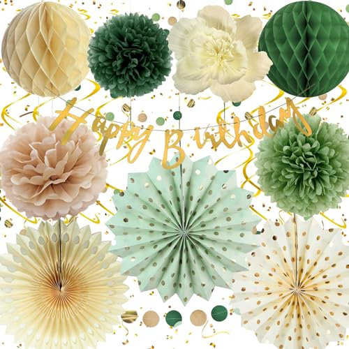 Decorazioni Compleanno Verde, Addobbi Compleanno Verde Beige, Buon compleanno, Happy Birthday Ghirlanda, Fiori di Carta, Ventaglio di Carta Festa Compleanno per Ragazza Donne Ragazzi Uomini