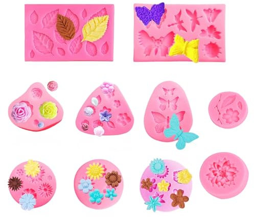 10 Stück Silikonform Blumen 3D Kleine Silikonformen Fondant Blumen Schmetterling Blätter Form Silikon Backform für Schokolade Zuckerguss DIY Backen Dekoration