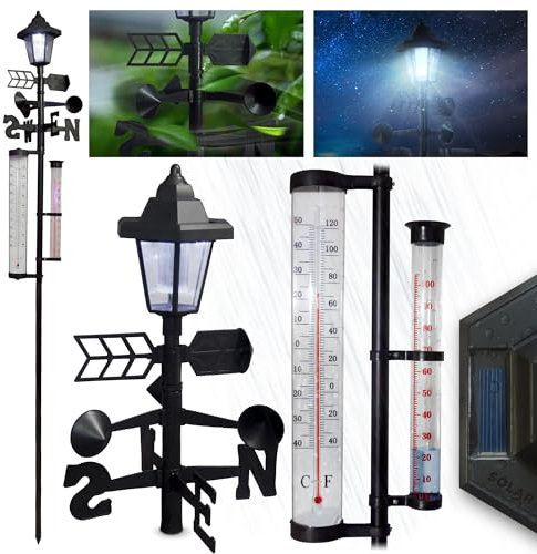 STREND PRO Wetterstation mit Windmesser und Regenmesser | Garten Solar Lampe, Gartenthermometer, Regenmesser für garten, Windmesser Garten, Kompas | Gartendeko | Frostsicher Niederschlagsmesser