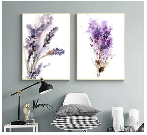 RDRDtbtr Lila Lavendel Flieder Blumen Wand Bilder Leinwandgemälde Abstrakte botanische Poster Kunstdrucke Bilder Wohnzimmer Schlafzimmer Wohnkultur 50x70cmx2 Ungerahmt