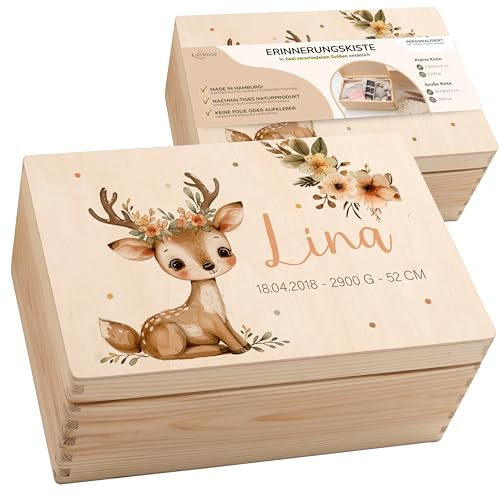 KIDSMOOD - Erinnerungsbox Baby, personalisierte Holzkiste mit Deckel, Ideal zur Aufbewahrung von Erinnerungen und als Geschenk zur Geburt, Taufe oder als Geburtstagsgeschenk für Mädchen und Jungen