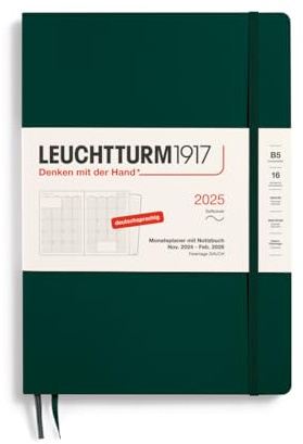 LEUCHTTURM1917 370605 Planificador mensual y cuaderno 2025, composición B5, tapa blanda, 16 meses, 80 g, a rayas, verde bosque