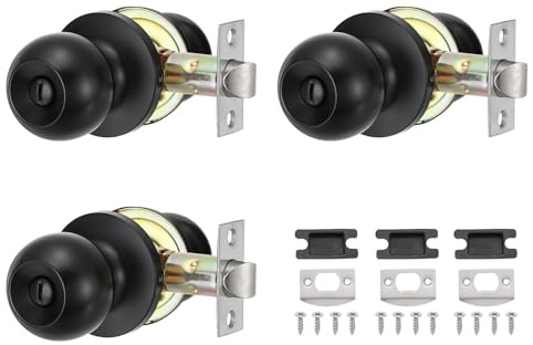 PATIKIL Privacy Keyless Door Knobs Interior, 3 Pack Round Stainless Steel Bedroom Bathroom Door Knob with Lock Entry Indoor Outdoor Door, Black