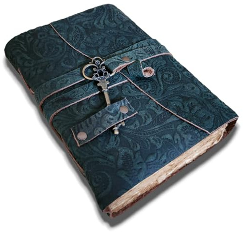 Finun-Lthr Vintage nyckel 18 x 13 cm läderjournal skissbok anteckningsbok gästbok resedagbok för kvinnor och män 200 vintage Deckle sida (grön)