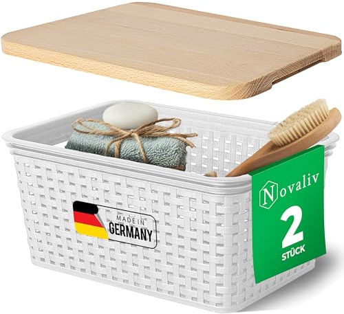 Novaliv 2er Set Eleganter Aufbewahrungskorb mit Holzdeckel in Rattan-Optik | Weiß Lebensmittelecht Kunststoff 5L ? Perfekt für Bad & Kleidungsaufbewahrung. Aufbewahrungsbox Badezimmer Körbchen.