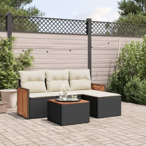 THOYTOUI 5-TLG. Garten-Sofagarnitur, Gartengarnitur Set Outdoor Furniture Gartenmöbel Set Lounge Balkonmöbel Set Geeignet für Garten Terrasse Veranda Balkon mit Kissen Schwarz Poly Rattan