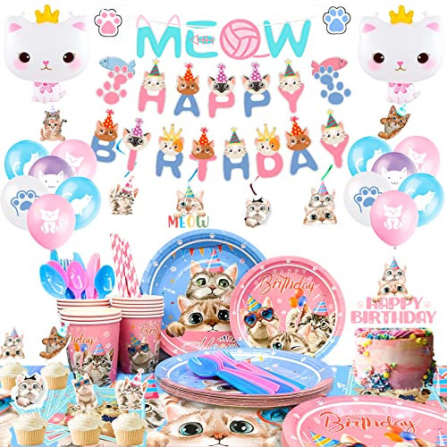 Cat Party Decorations - Serves 16 Kitten Dinnerware Set with Plates, Cups, Napkins, Tablecloth, Banner, Balloons, Cake Toppers & More - Kids Cat Theme Birthday Decorations