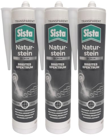 Naturstein Silikon Transparent- Dichtstoff für Marmor Sandstein Basalt - Neutralvernetztendes SIlikon - Schimmelresistent - Dauerelastisch (3 x 280ml)