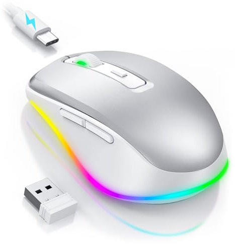 Seenda Wireless Mouse, Rechargeable Light Up LED Mouse for Laptop, 2.4G USB Silent Mice with Built in Jiggler Mover, Undetectable Simulate Mice Movement to Keep Computer Awake, Silver and White