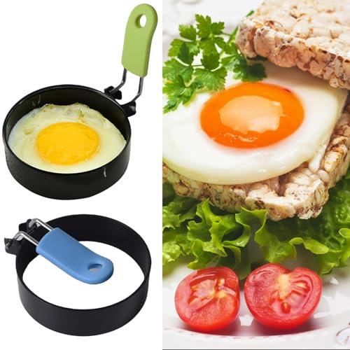 Egg Ring ，2-Pack Stainless Steel Egg Rings with Anti-Scald Folding Handle Non Stick Coating Suitable for Egg Frying,Shaping,Pancakes,Mini Burger (Blue Green)