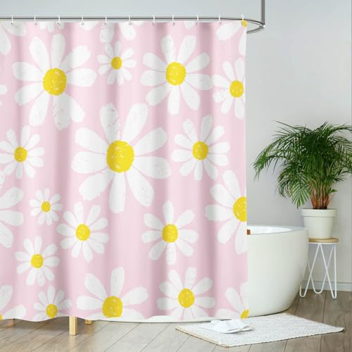 AIBIIN Daisy Rosa Duschvorhang Bad Dekor mit Süßen Blumen Duschvorhänge aus strapazierfähigem Polyester Wasserdicht mit 12 Haken 180x180cm