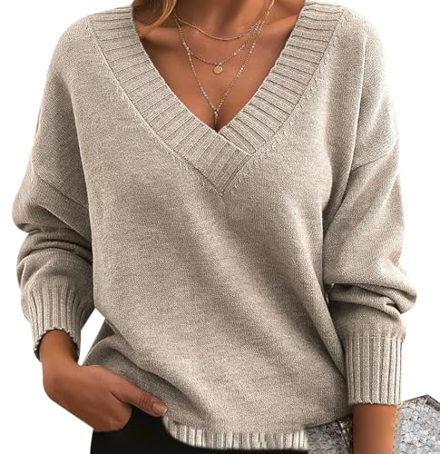 Jersey Cuello V Mujer Jerséis Mujer Pullover Sweater Women Sueter Punto Mujer Manga Larga Invierno Primavera Jerseys Mujeres Jersey de Cuello Pico Oversize Punto Señora Suéter Tejido para Mujer XXL