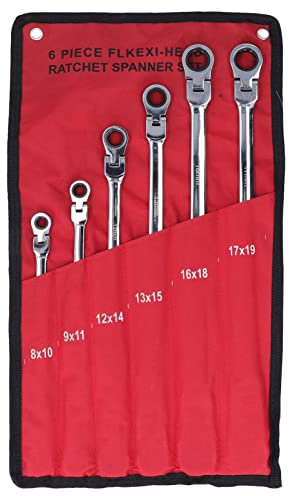 TOOLSGO 6-teiliges 8-19 mm extra langes Flexkopf-Ratschenschlüssel-Set mit 72-Zahn-Doppelringschlüssel aus CRV-Stahl für Heimwerker und Automobilreparaturen