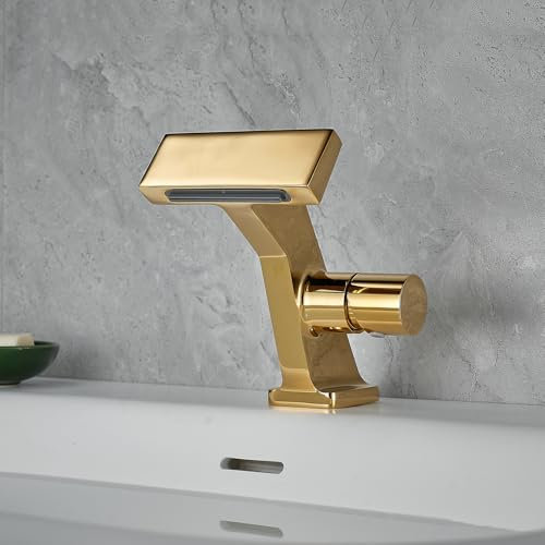 Leichte Luxus-Waschtischarmaturen aus Kupfer, Wasserfall-Auslaufdesign, Warm- und Kaltwasser-Waschtischarmaturen, matte Ausführung mit Einlaufrohr (Titan-Gold)