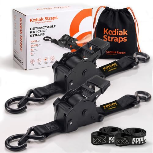 KODIAK STRAPS Automatik Spanngurte 50mm 3m mit S Haken | 1360KG Selbstaufrollend Spanngurte mit Ratsche | Zurrgurte mit Ratsche für LKW Anhänger, Motorrad, Fahrrad | Schwarz - 2 Stück