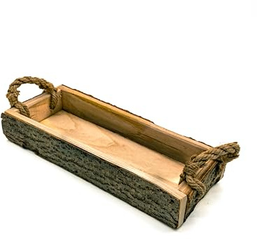 LivuX Rustikales Holztablett mit echter Rinde und Griffen, Tischdeko aus Naturholz, Echtholz, 7 cm hoch, 41 cm breit, 16,5 cm tief Landhausstil Deko und Küche Handarbeit 1110