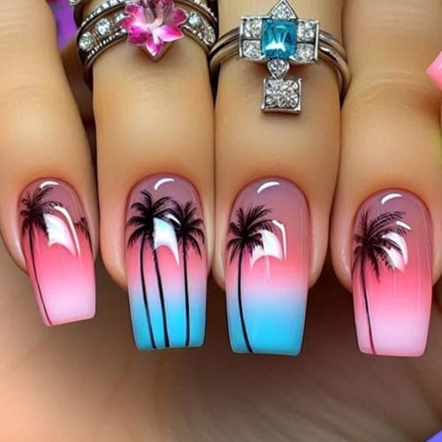 24 Stück Nägel Zum Aufkleben Mittel Eckig, Sommer French Press on Nails with Kokosnussbaum Design, Acryl Künstliche Fingernägel Zum Aufkleben, Blau Rosa Natürliche Falsche Nägel für Frauen Mädchen