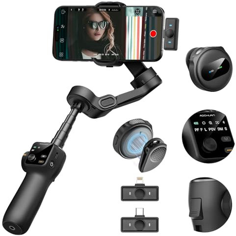 AOCHUAN Gimbal Stabilizer for iPhone & Android,3-Axis Phone Gimbal w/Wireless Lavalier Microphone,Built-in 7.8 Extension Pole,OLED Display,Phone Stabilizer for Video Recording TikTok(V8 Mic Kit)