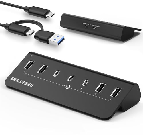 BELCHERI 7 Port USB C Hub mit Netzteil, USB 3.2 Gen 2, 10Gbit/s Schneller Datenhub, Vollaluminium-Verlängerungssplitter mit 5V 3A Netzteil, 3 USB-C-Ports und 4 USB-A-Ports, Unterstützt BC1.2-Aufladung