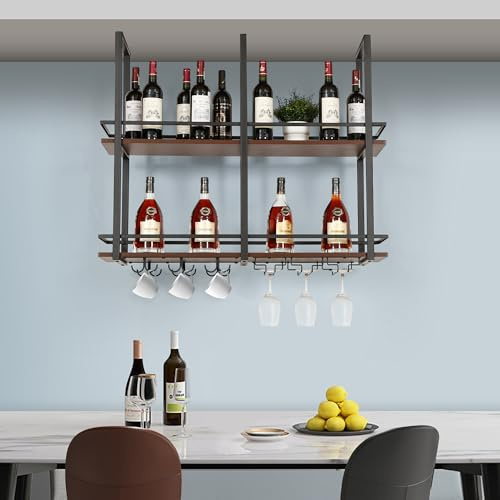[en.casa] Botellero Vino Hubro Estantería de Techo de 2 Niveles para Vino Licores Soporte Colgante para Copas Tazas para Cocina Cafeterías Metal/MDF 100 x 30 x 85 cm Negro y Efecto Nogal