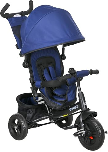 HOMCOM Tricycle 6 en 1 avec barre de poussée pour enfants de 1 à 5 ans jusqu'à 25 kg, tricycle pour enfants avec marche avant et arrière, panier, porte-gobelet, toit pare-soleil, bleu foncé